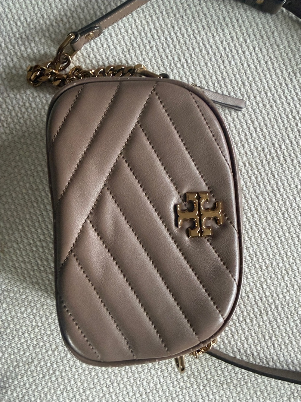 Tory Burch Quilted Taupe Crossbody with Gold Hardware